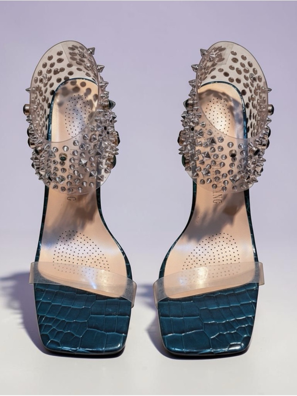 Azalea Wang  Emerald Croc-Embossed Slide Heels with Clear Studded Straps